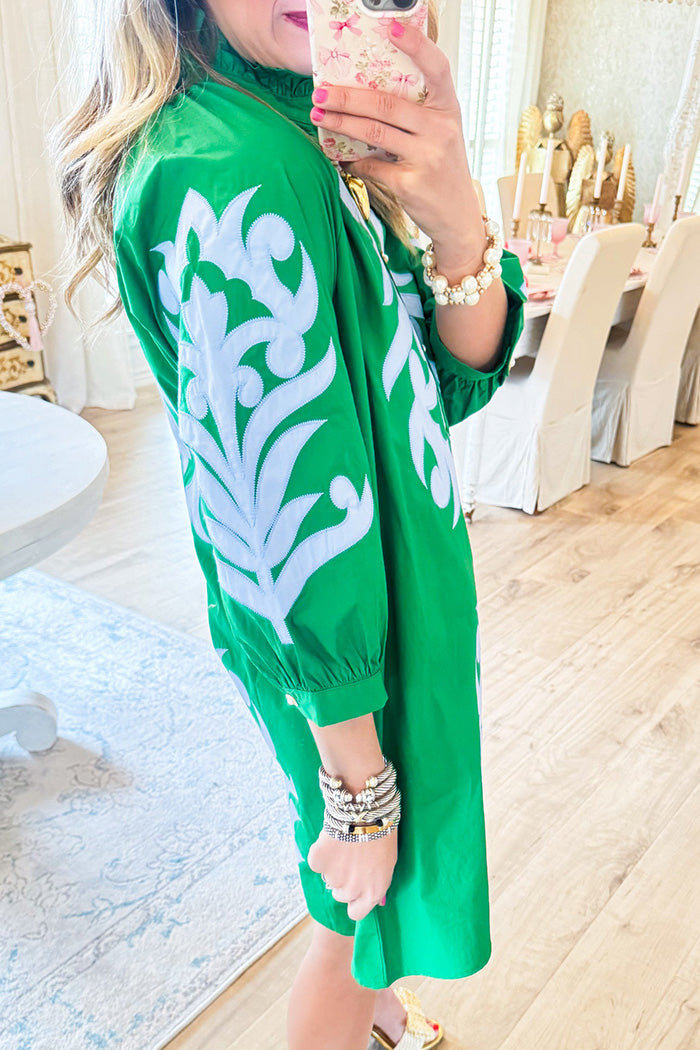 3/4 Sleeves Blue Contrast Printed Pocket Dress