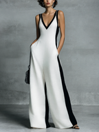 Women's Fashion Black and White Cotton Linen Color Block Thin Strap Jumpsuit MDZ0528B0BA