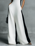 Women's Fashion Black and White Cotton Linen Color Block Thin Strap Jumpsuit MDZ0528B0BA