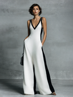 Women's Fashion Black and White Cotton Linen Color Block Thin Strap Jumpsuit MDZ0528B0BA