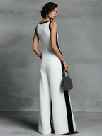 Women's Fashion Black and White Cotton Linen Color Block Thin Strap Jumpsuit MDZ0528B0BA