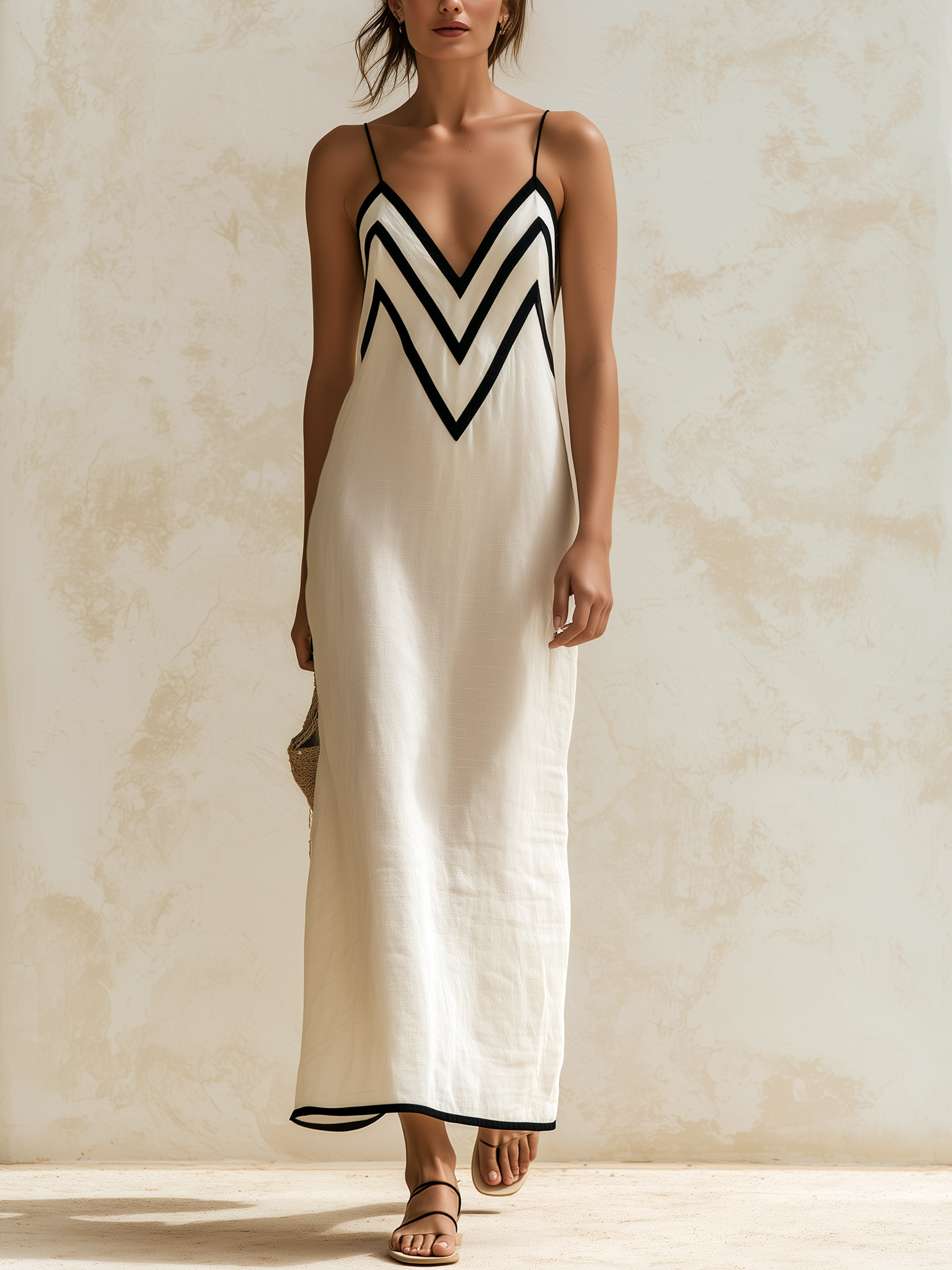 Simona | Abito lungo in lino stile slip con bordi a contrasto a motivo chevron