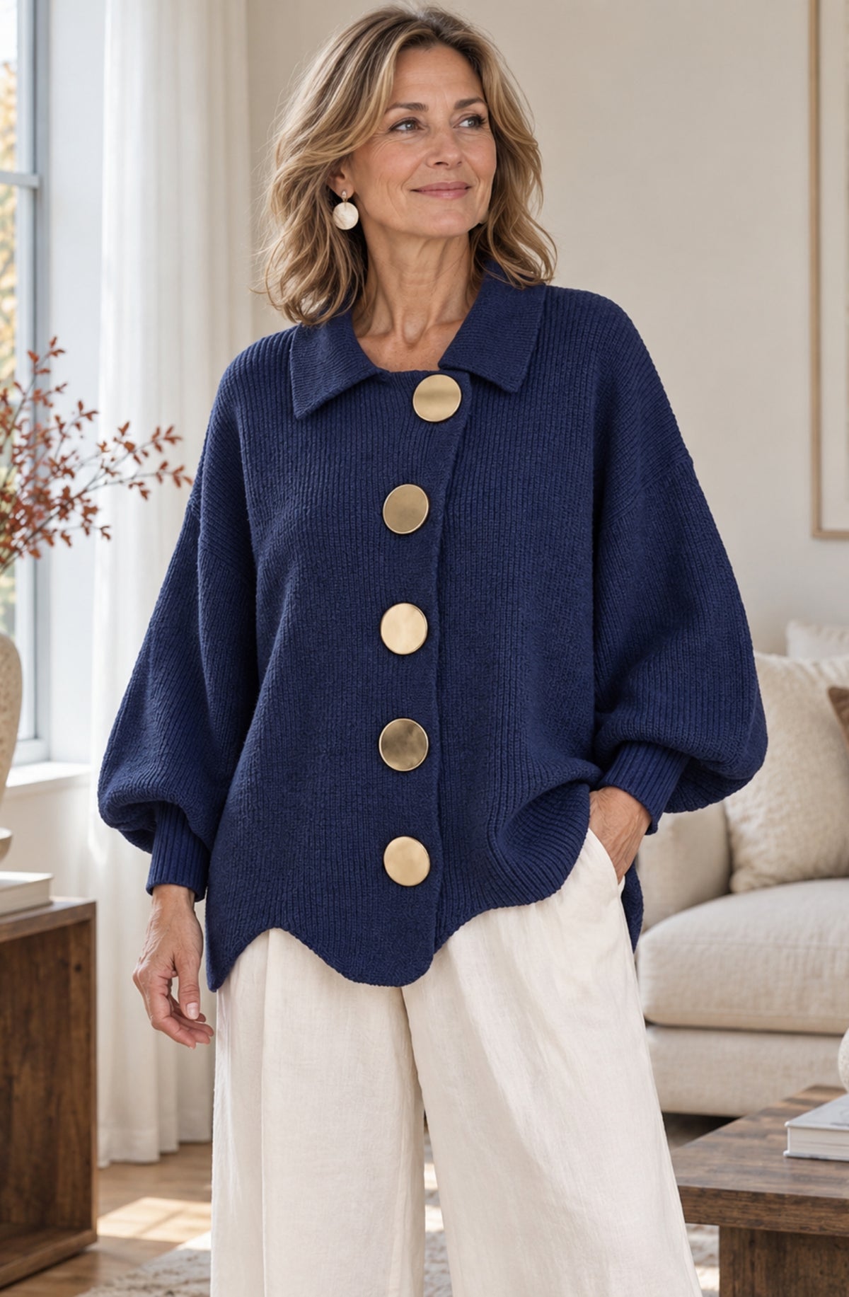 Camille™ Gold-Button Collared Cardigan