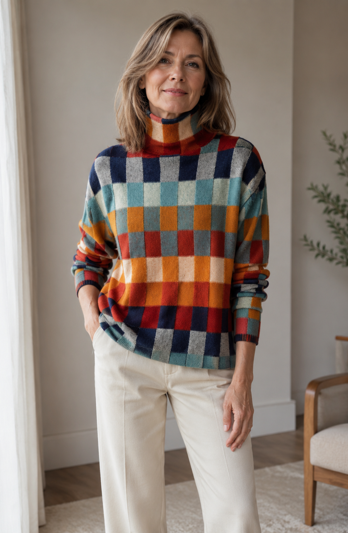 Maëlle™ Colourful Checked Turtleneck Sweater
