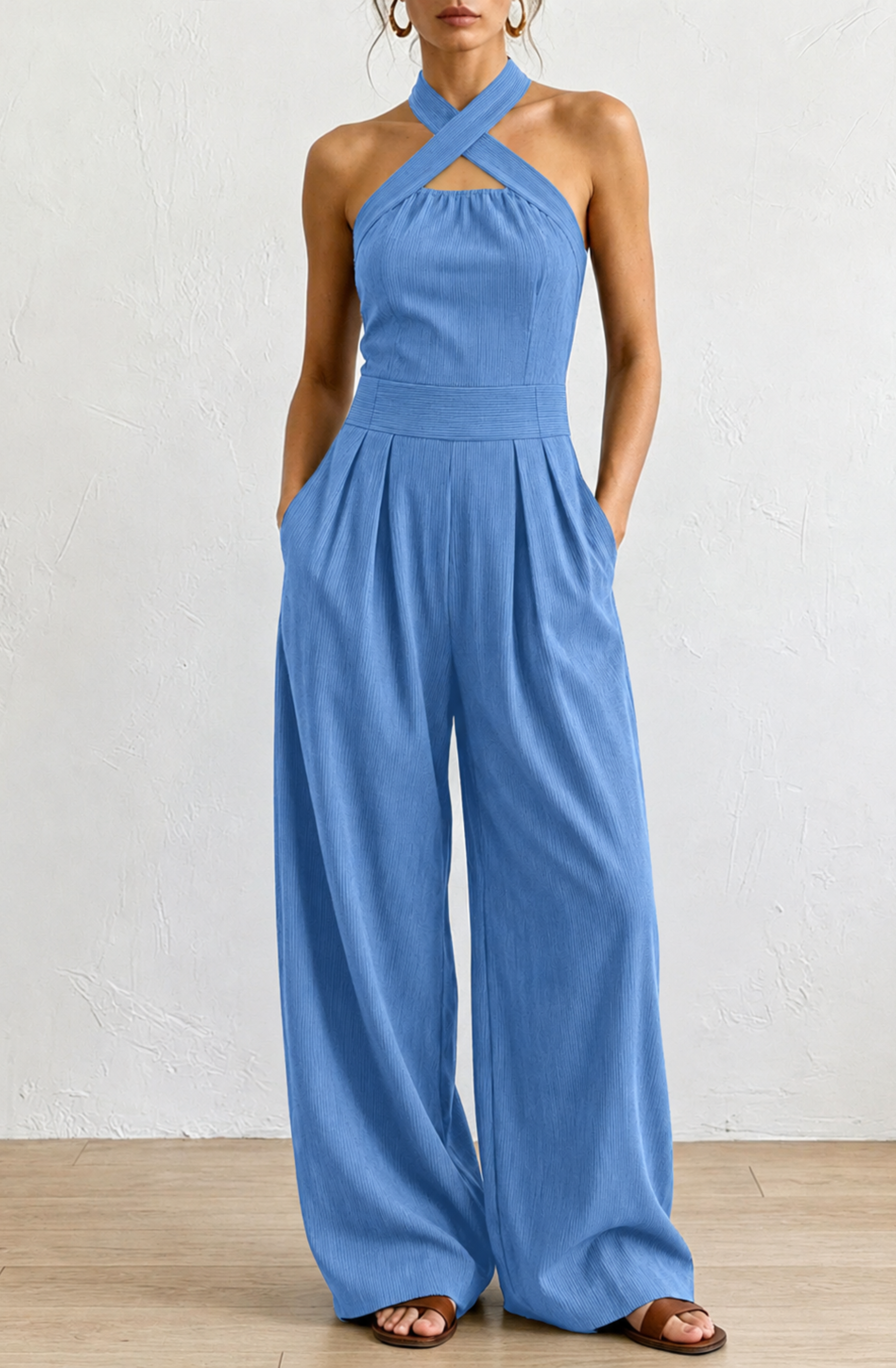 Valentina's™ | Cross-Halter Wide-Leg Jumpsuit