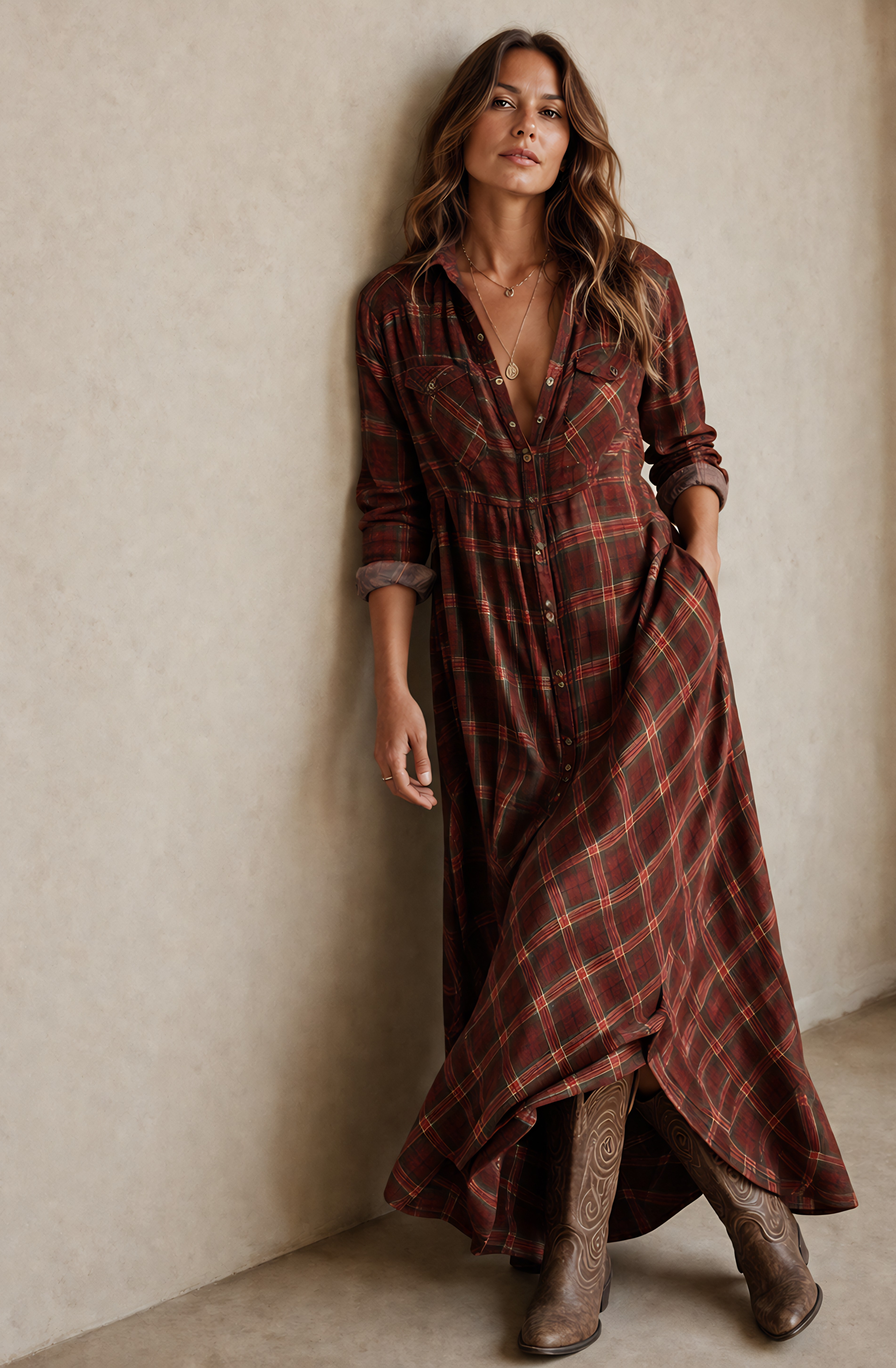 Clara’s™ | Effortless Plaid Shirt Maxi Dress