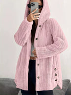 Full Size Fleece Button Up Hooded Outerwear Plus Size