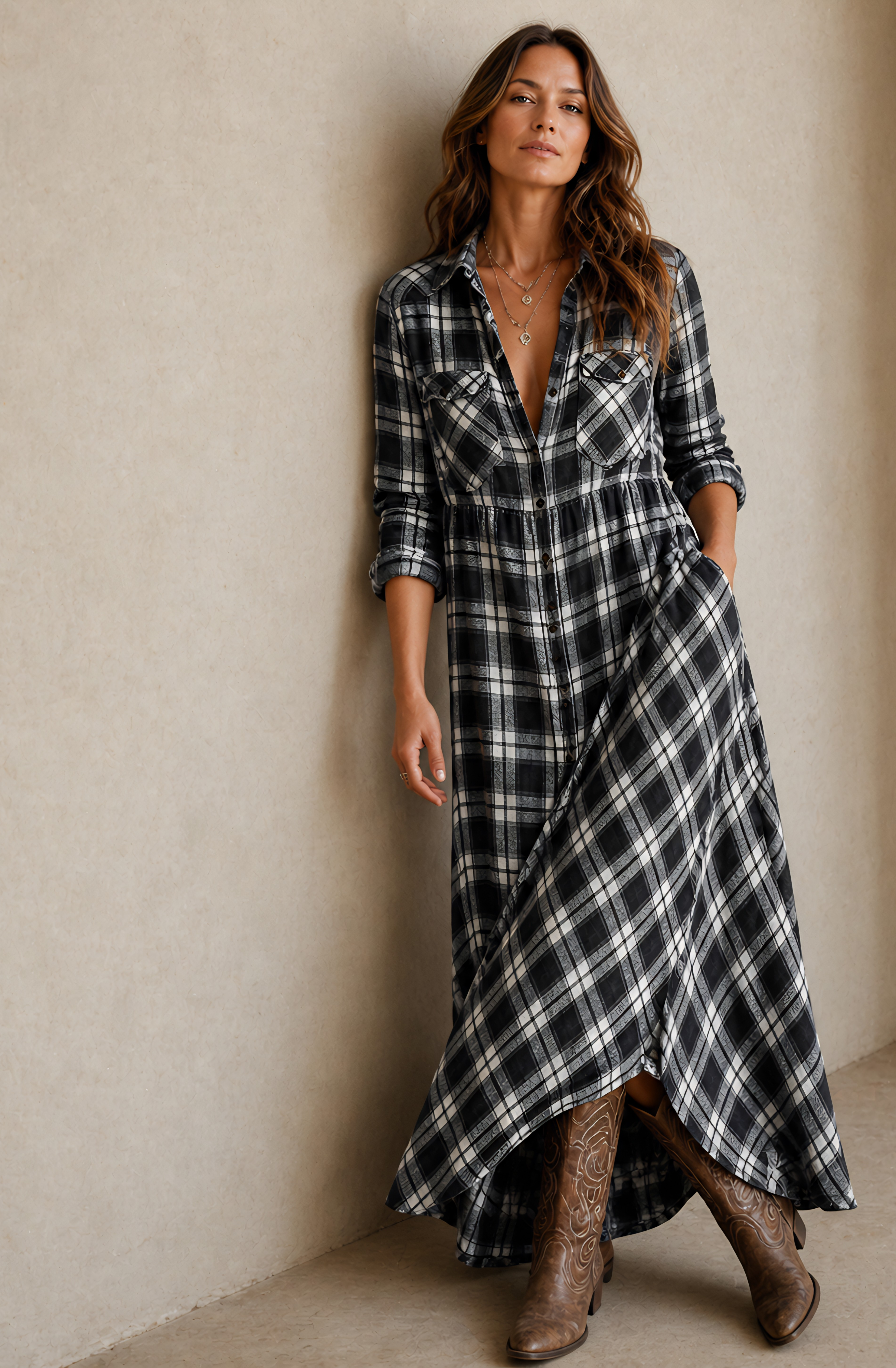 Clara’s™ | Effortless Plaid Shirt Maxi Dress