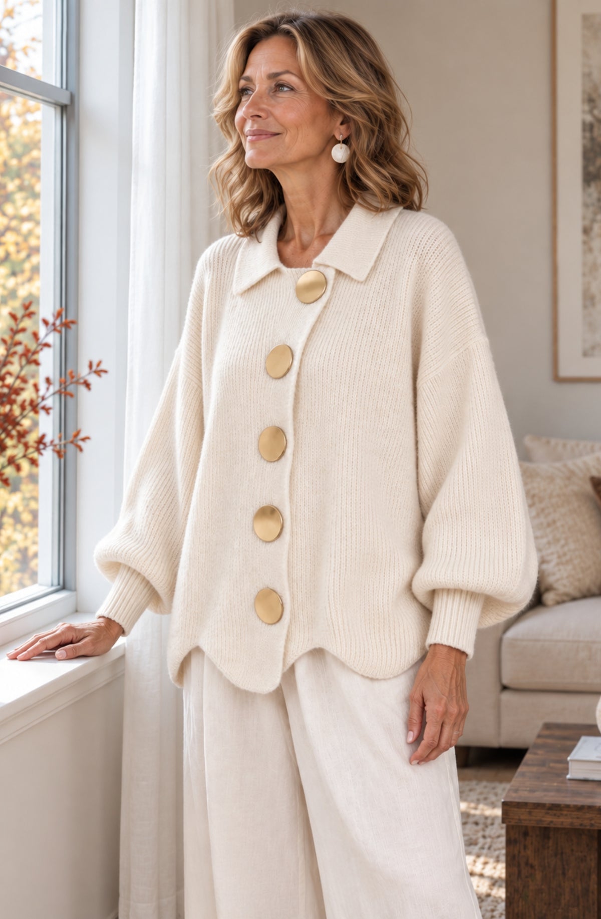 Camille™ Gold-Button Collared Cardigan