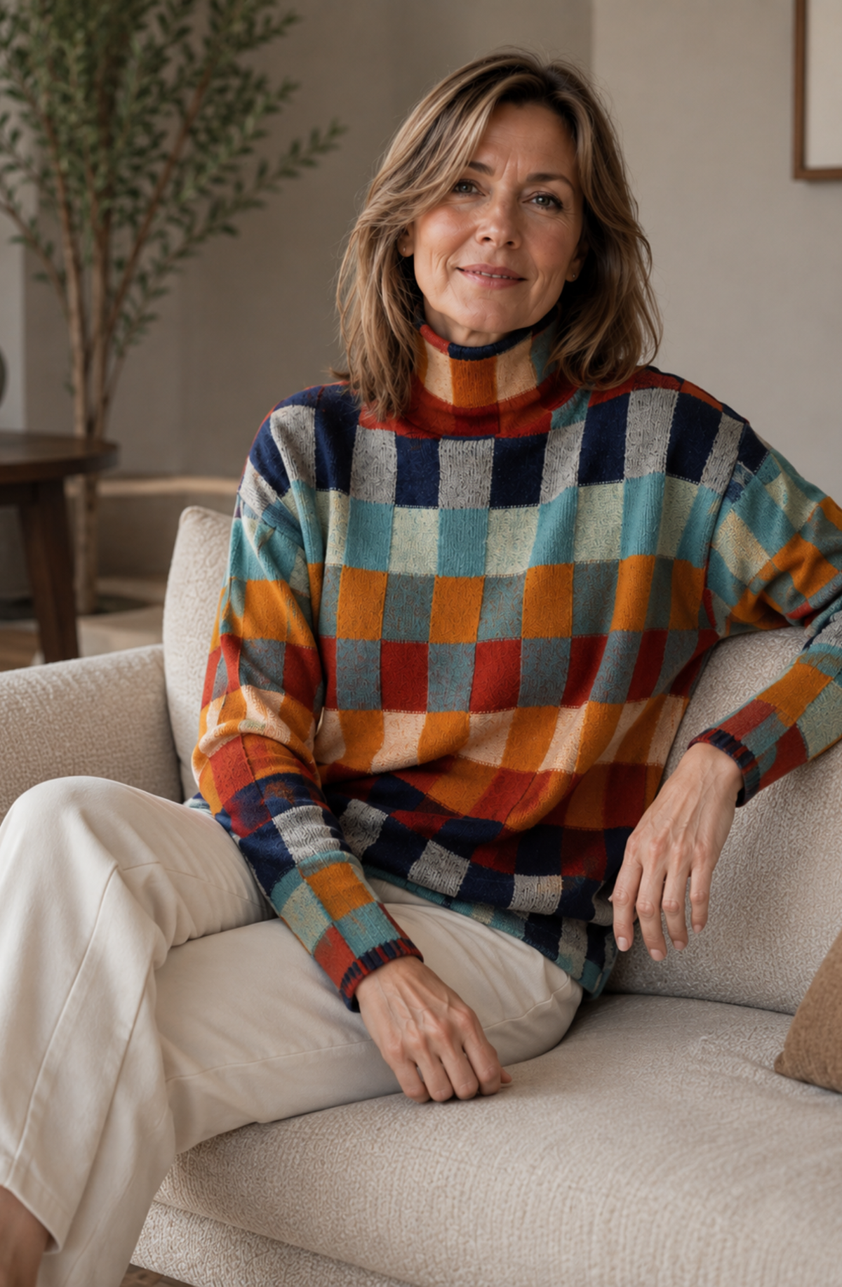 Maëlle™ Colourful Checked Turtleneck Sweater