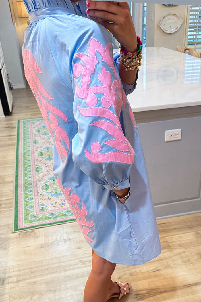 3/4 Sleeves Blue Contrast Printed Pocket Dress