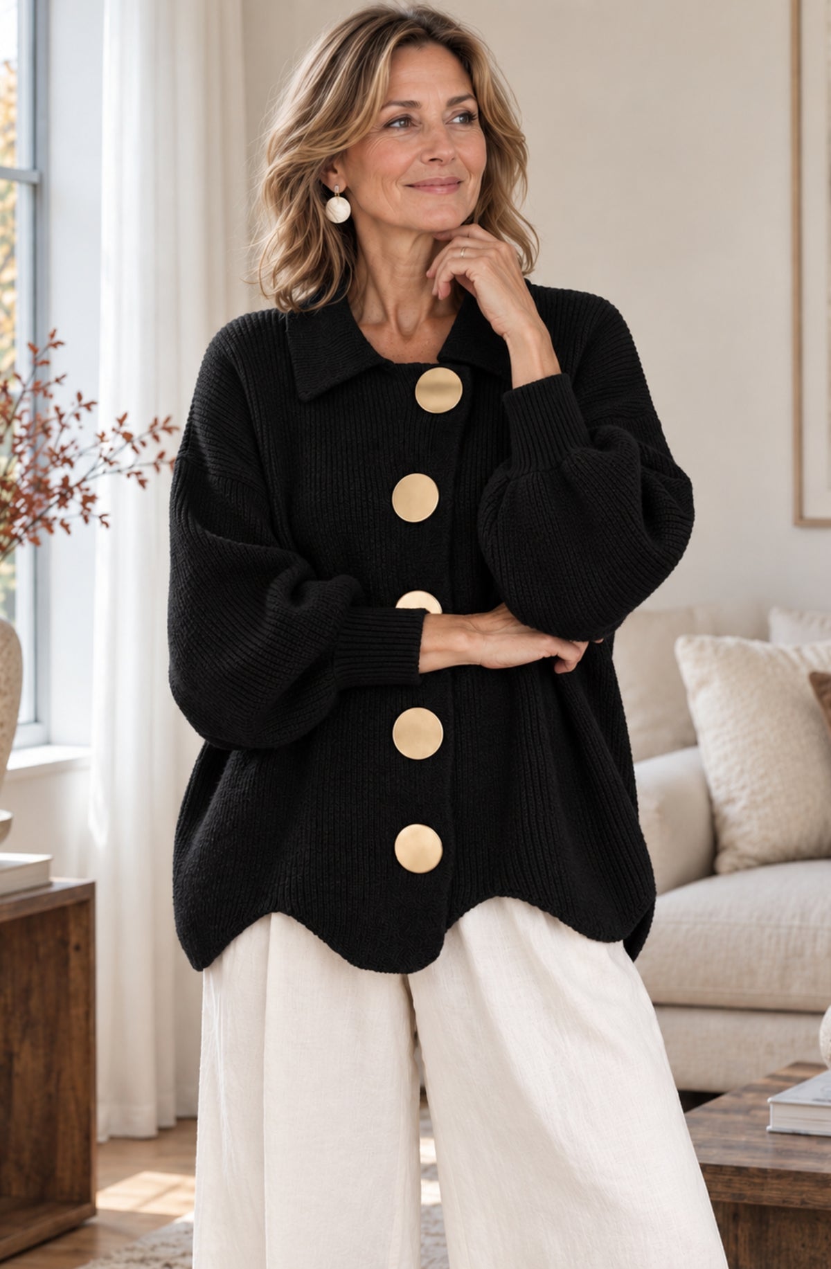 Camille™ Gold-Button Collared Cardigan