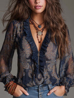 Navy Baroque Paisley Ruffle Zip Chiffon Blouse