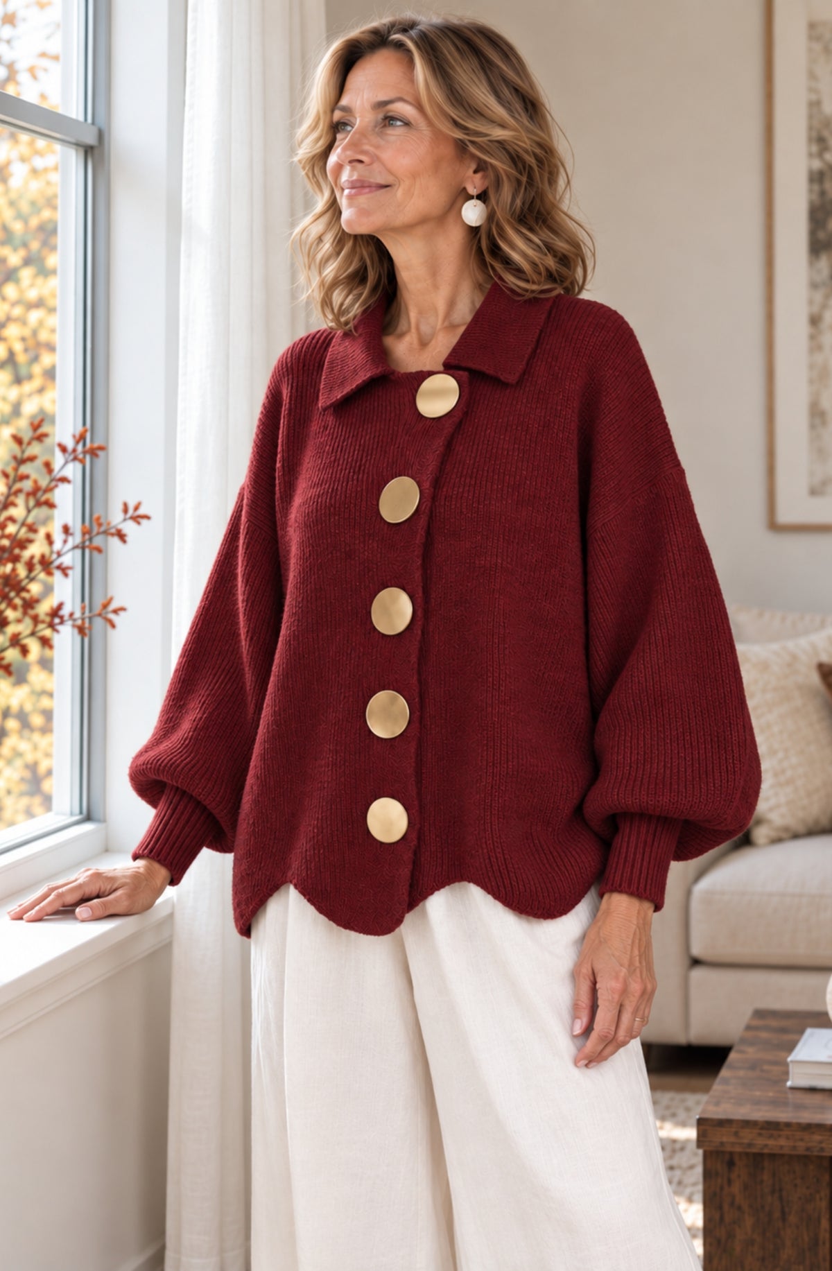 Camille™ Gold-Button Collared Cardigan