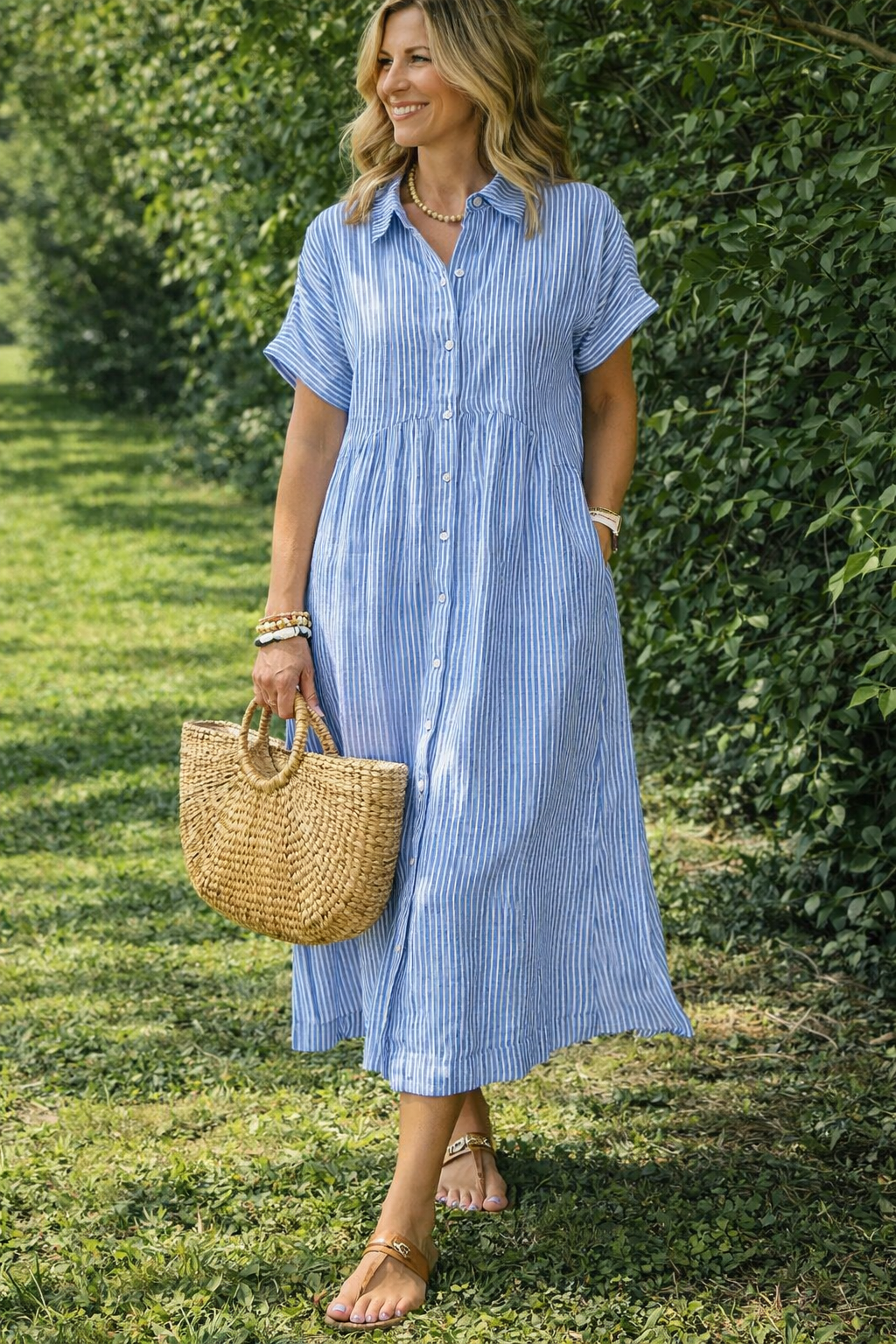 MapleBreeze™ | Striped Midi Shirt Dress