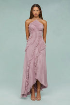 Pleated Frill Halter Neck Maxi Dress