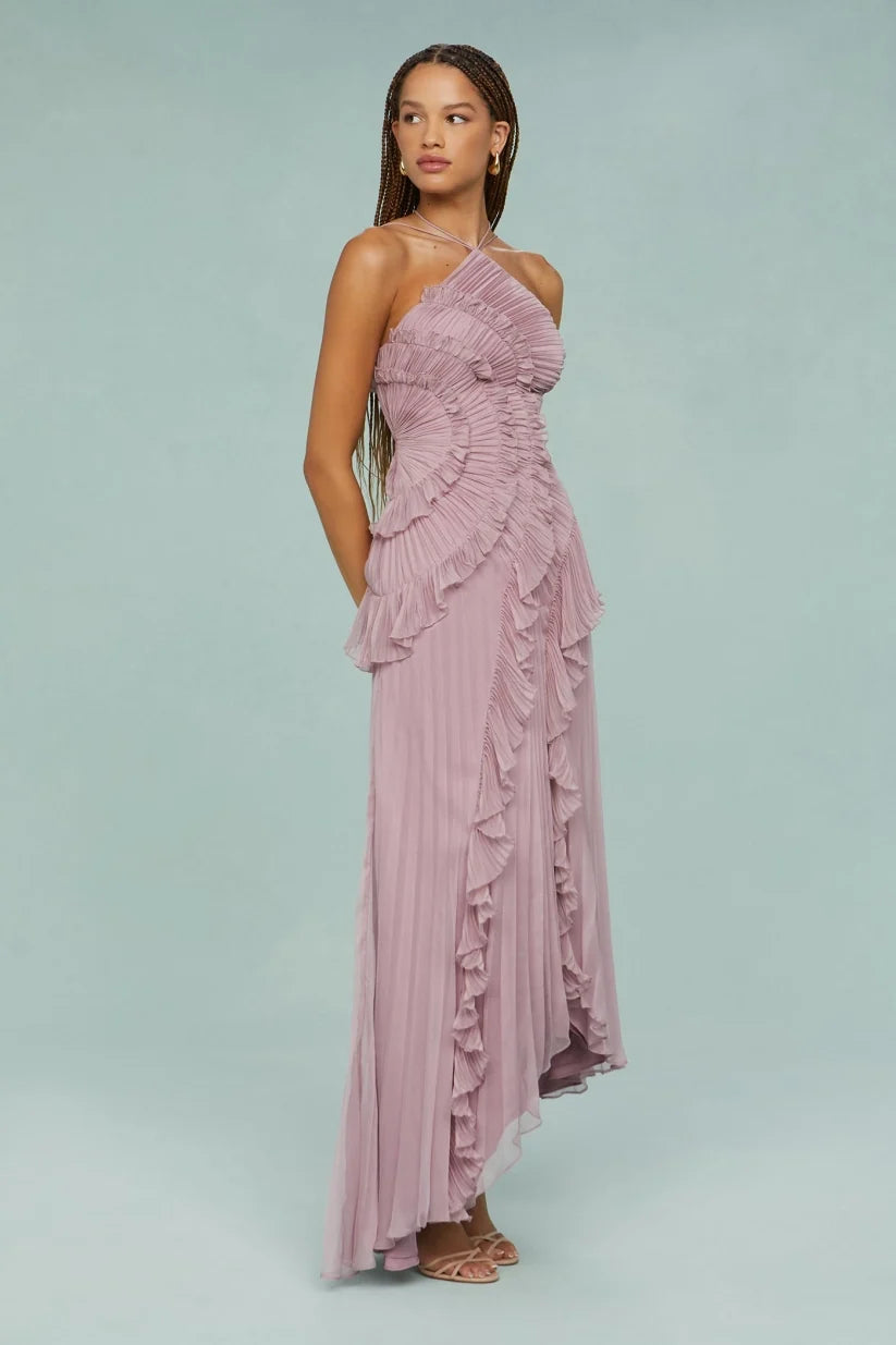Pleated Frill Halter Neck Maxi Dress