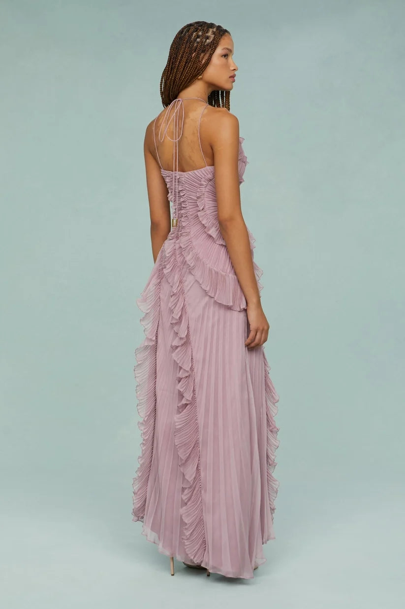 Pleated Frill Halter Neck Maxi Dress