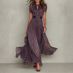 FLAVIA | Long Purple Dress Keyhole Neckline Chiffon Lace Trim