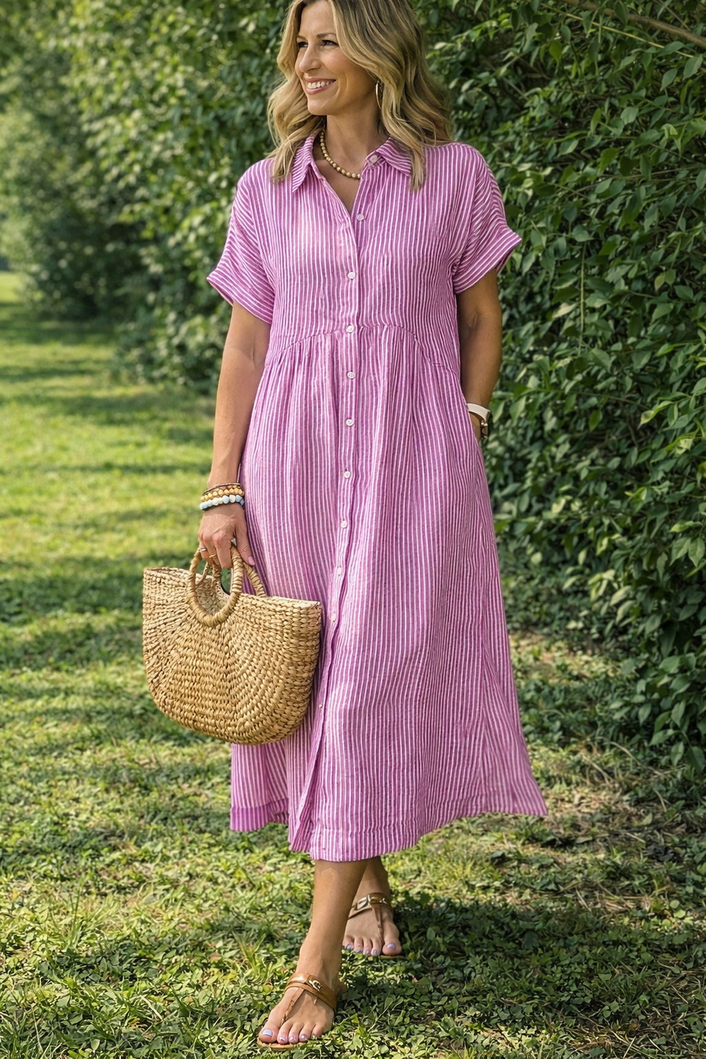 MapleBreeze™ | Striped Midi Shirt Dress
