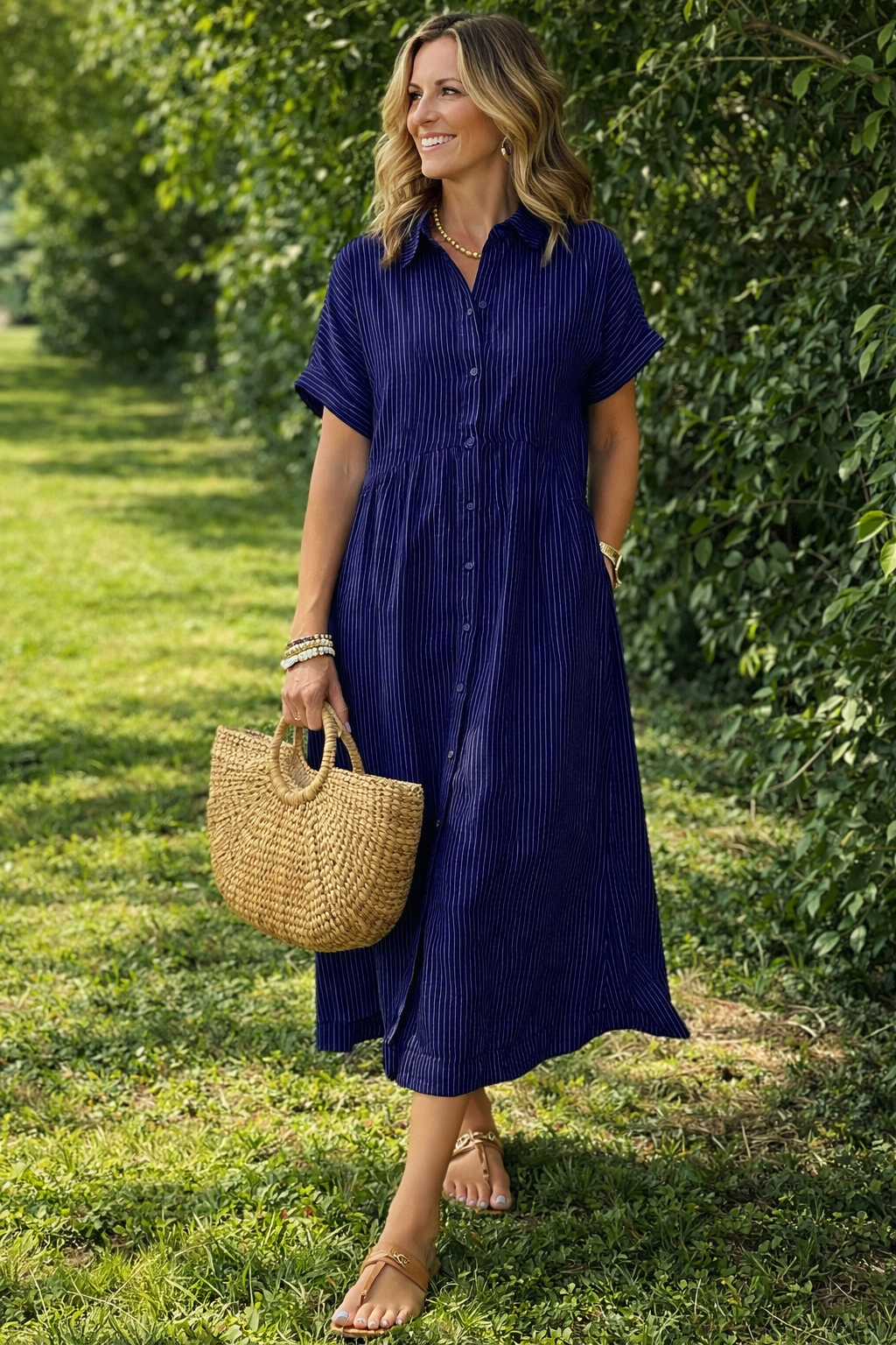 MapleBreeze™ | Striped Midi Shirt Dress