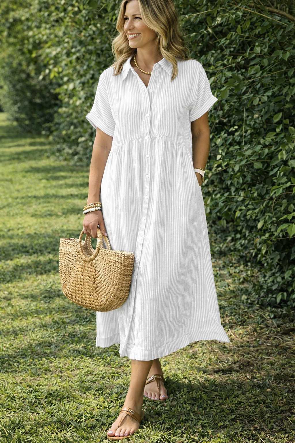 MapleBreeze™ | Striped Midi Shirt Dress