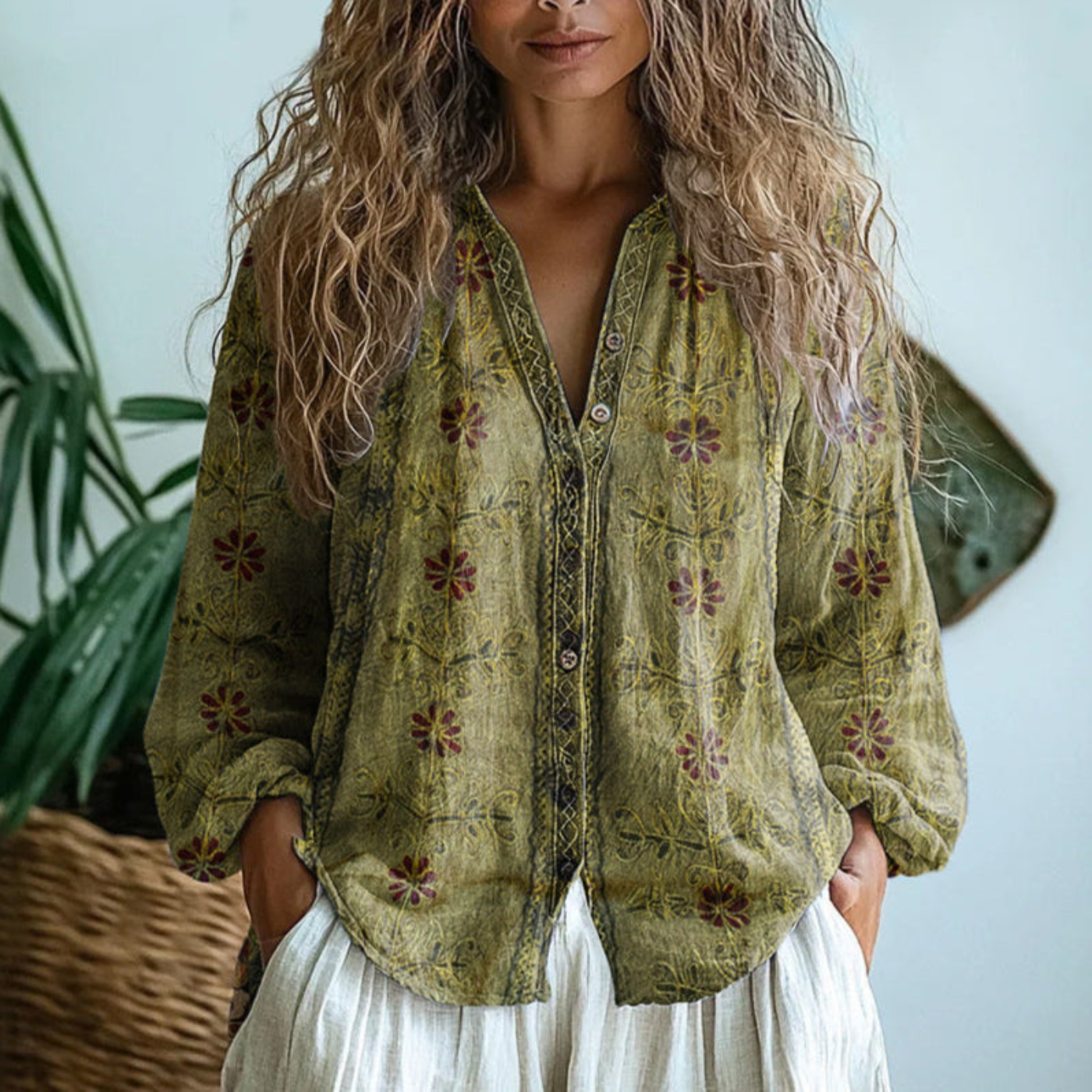 Blusa de lino de manga larga con botones Wena para mujer