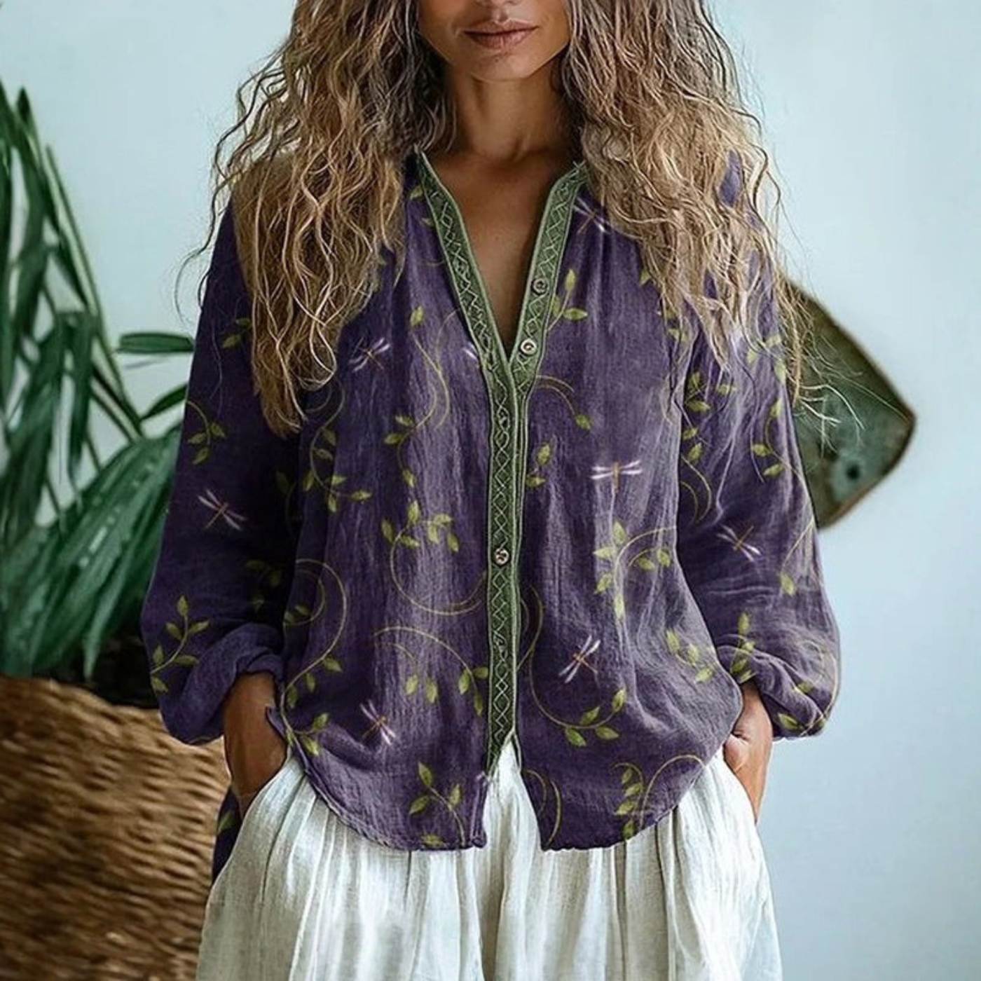 Blusa de lino de manga larga con botones Wena para mujer