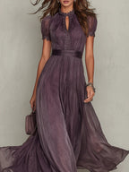 FLAVIA | Long Purple Dress Keyhole Neckline Chiffon Lace Trim