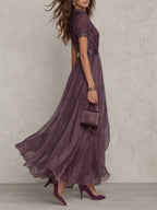 FLAVIA | Long Purple Dress Keyhole Neckline Chiffon Lace Trim