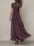 FLAVIA | Long Purple Dress Keyhole Neckline Chiffon Lace Trim