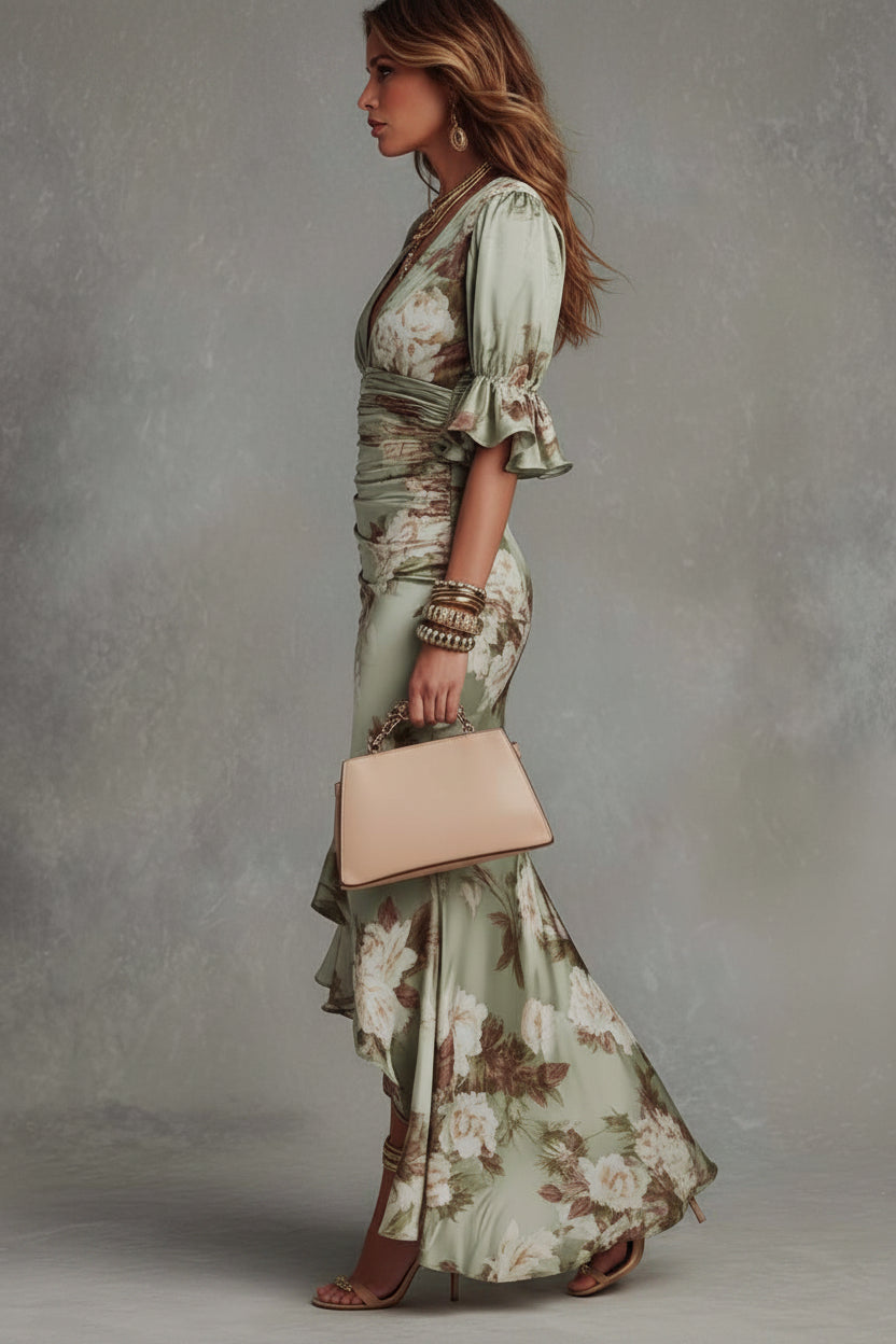 Anastasia | Vestido Largo de Satén con Estampado Floral
