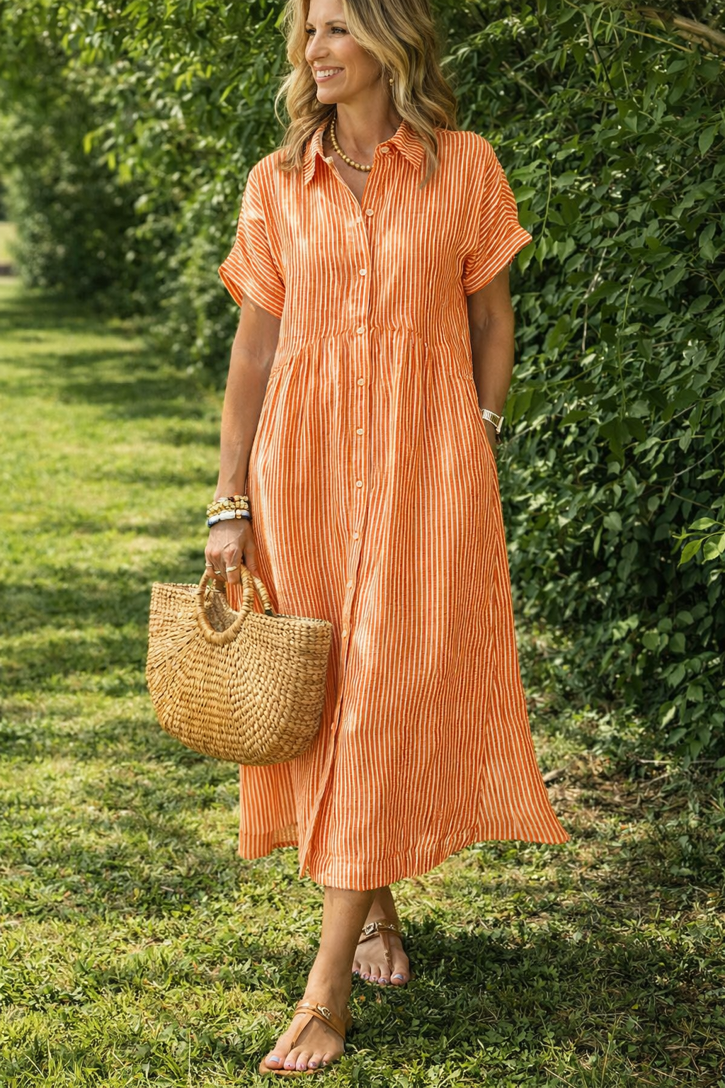 MapleBreeze™ | Striped Midi Shirt Dress