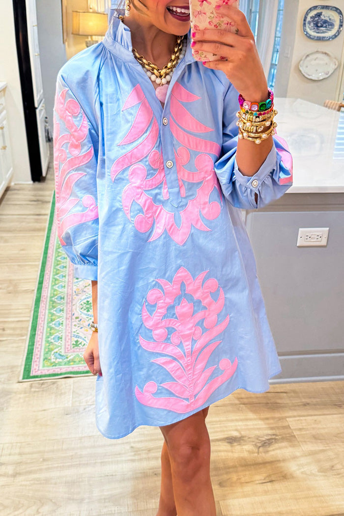 3/4 Sleeves Blue Contrast Printed Pocket Dress