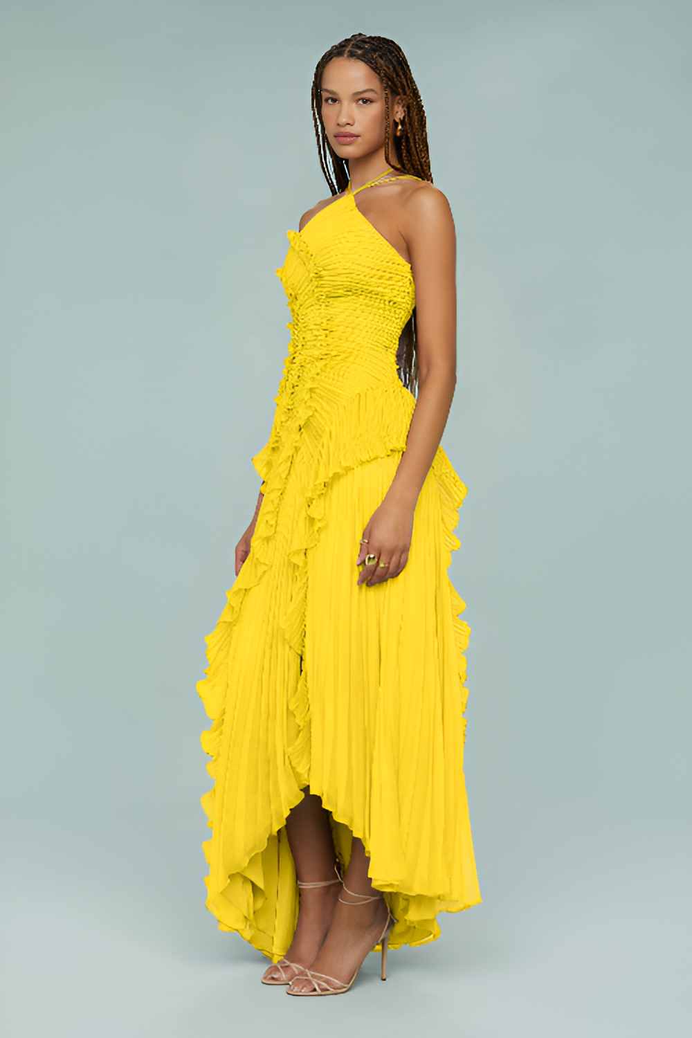 Pleated Frill Halter Neck Maxi Dress