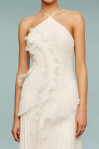 Pleated Frill Halter Neck Maxi Dress