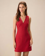 The Red V Neck Sleeveless Linen Mini Dress