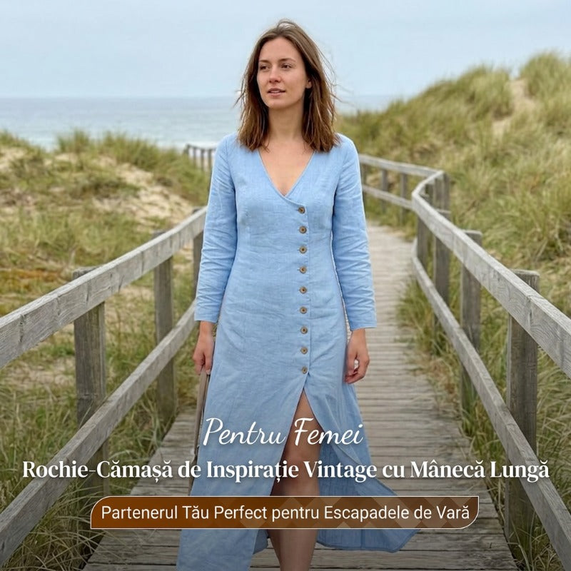 Rochie cămașă cu mânecă lungă, inspirată de stilul vintage